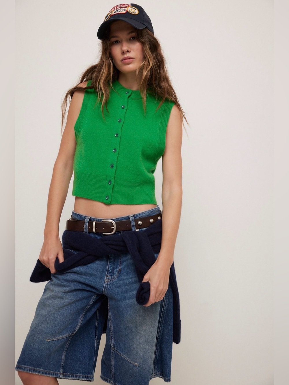 Free People Archie Solid 100% Cashmere Cropped Button Front Vest Green XS